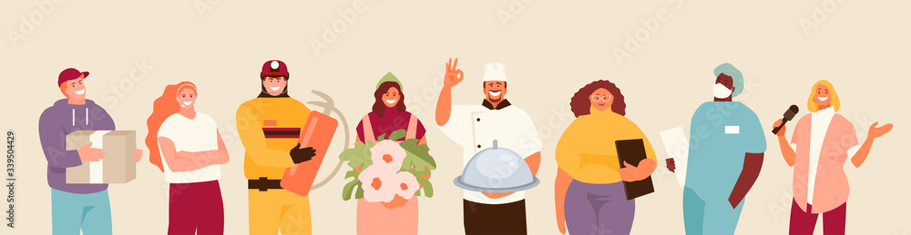 Fototapeta premium People group of different occupations. Courier, call center specialist, firefighter, florist, cook, teacher, doctor and journalist Vector characters