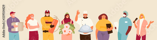 People group of different occupations. Courier, call center specialist, firefighter, florist, cook, teacher, doctor and journalist Vector characters