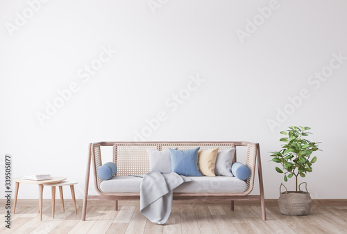 Stylish Modern wooden living room in white background  Scandinavian style  Rattan home decor  3D render  3D illustration