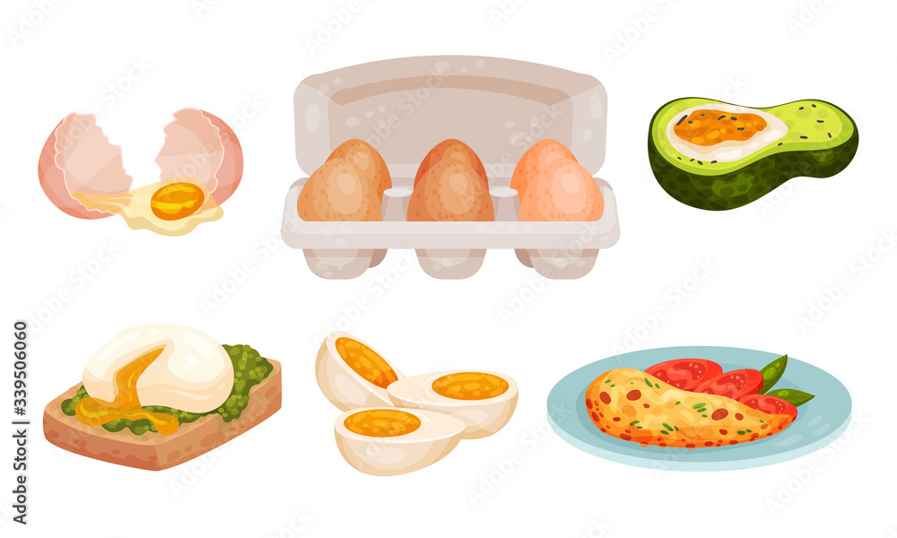 Raw and Cooked Egg with Omelette and Scrambled Egg in Avocado Vector Set Raw and Cooked Egg with Omelette and Scrambled Egg in Avocado Vector Set