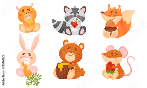 Animals Sitting and Eating Fruit and Vegetables Vector Set.