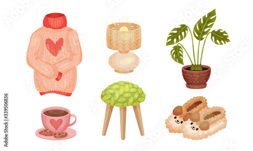 Warm and Cozy Home Things Like Hot Tea with Cookies and Knitted Sweater Vector Set