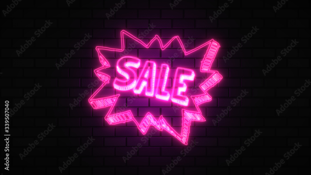 Black Friday sale off neon sign fluorescent light glowing on banner background, sale off by neon lights signboard at night. The best stock of Black Friday pink neon bright color on brick background