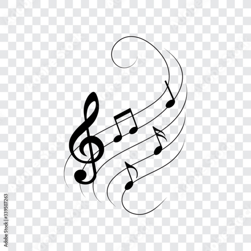 Music notes on wavy lines with swirls, vector illustration.
