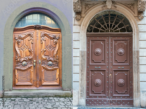 two wooden door with beautiful decorative wooden trim in the historic part of Lisbon