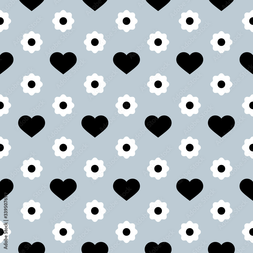 Fototapeta premium Vector Seamless Pattern. Black hearts and white flowers on a light grey background. Modern illustration great for festive background, design greeting cards, textiles, packing, wallpaper, etc.