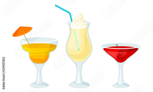 Cool Cocktails Poured in Drinking Glass with Umbrella and Straw Vector Set