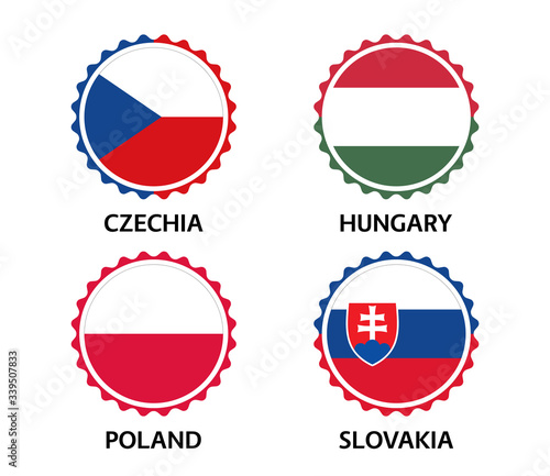 Free Download Set of four Czech, Hungarian, Polish and Slovak stickers. Made in Czech Republic, Made in Hungary, Made in Poland and Made in Slovakia. Simple icons with flags isolated on a white background - GFXLoad