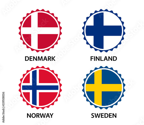 Set of four Danish, Finnish, Norwegian and Swedish stickers. Made in Denmark, Made in Finland, Made in Norway and Made in Sweden. Simple icons with flags isolated on a white background