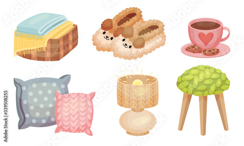 Warm and Cozy Home Things Like Hot Tea with Cookies and Soft Pillows Vector Set