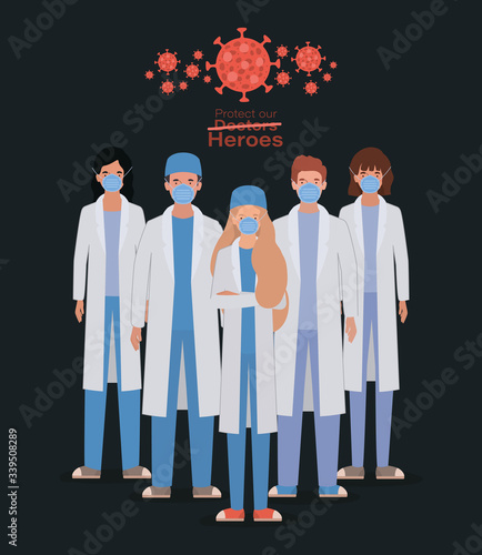Women and men doctors heroes with uniforms and masks against 2019 ncov virus vector design