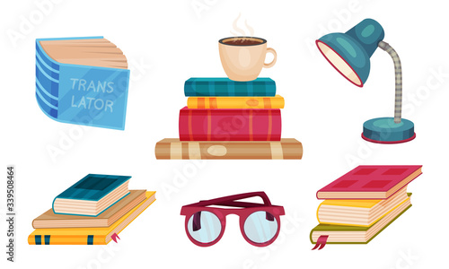 Piles of Different Books with Dictionary and Lamp for Studying Vector Set