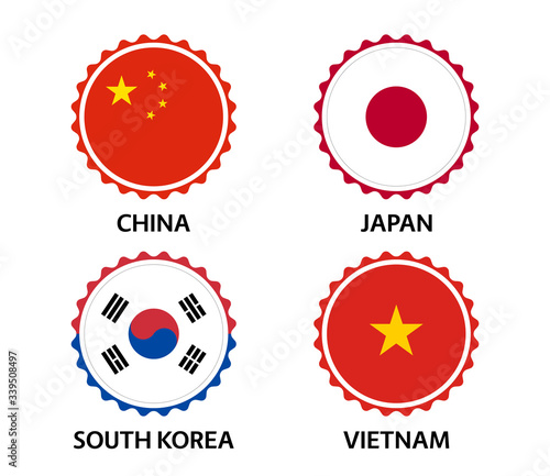Set of four Chinese, Japanese, Korean and Vietnamese stickers. Made in China, Made in Japan, Made in South Korea and Made in Vietnam. Simple icons with flags isolated on a white background