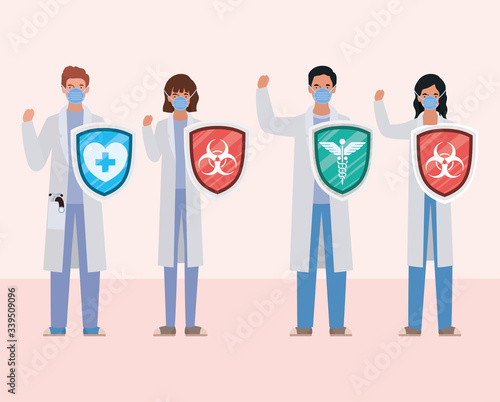 men and women doctors heroes with shields against 2019 ncov virus vector design