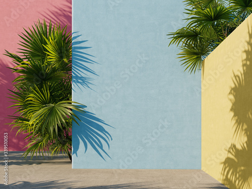 Bright yellow, blue and pink painted walls with green tropical leaves, sunlight with shadows. Summer, spring background. 3d rendering.