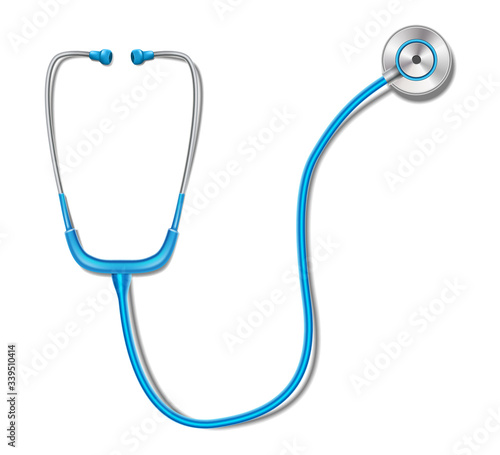 Health care concept with blue stethoscope mockup isolated. Realistic stethoscope medicine equipment for health diagnosis. Vector illustration