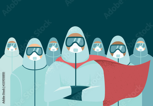 Doctors wearing full protective gear in superhero cape. Medical staff during coronavirus COVID-19 disease outbreak. photo