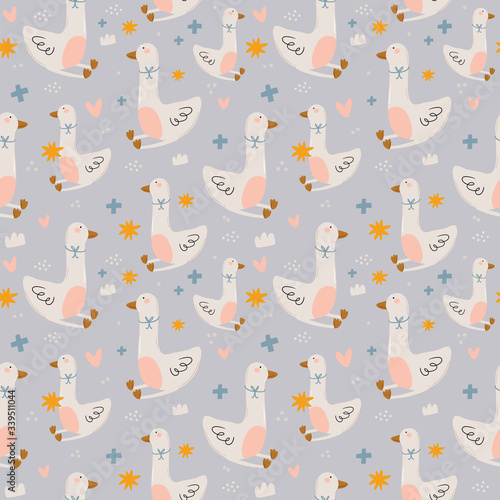 Cute kids scandinavian characters seamless pattern with trendy quotes and cool animal hand drawn elements. Cartoon doodle  illustration for baby shower, nursery room decor, children design. Vector.