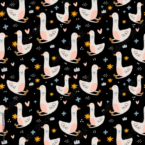 Cute kids scandinavian characters seamless pattern with trendy quotes and cool animal hand drawn elements. Cartoon doodle  illustration for baby shower, nursery room decor, children design. Vector.