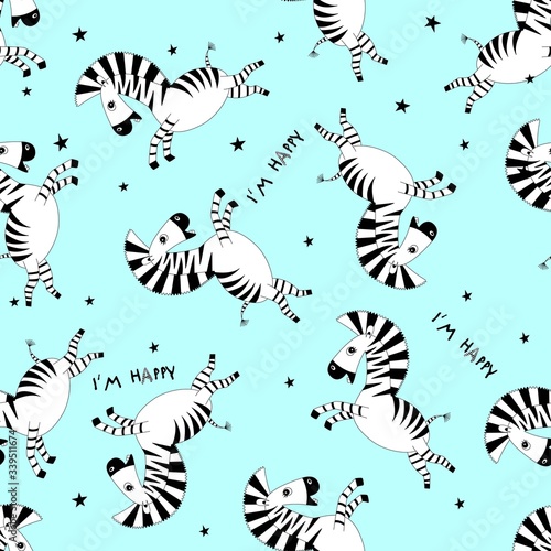 Seamless pattern cartoon little cute baby zebra flying and smiles. Template design for fabric  envelope  for kids  holiday decor.