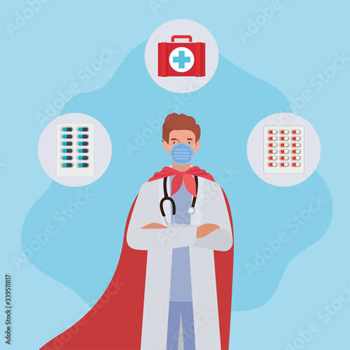 man doctor hero with cape and medical kit against 2019 ncov virus vector design