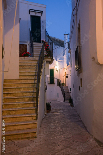Night view of the streets of the historic center of the white town of Locorotondo in Puglia  Italy.