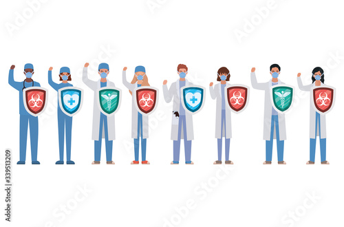 women and men doctors heroes with shields against 2019 ncov virus vector design photo