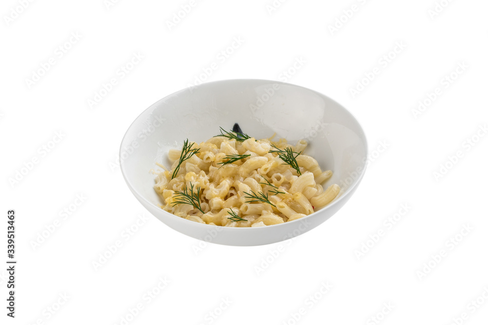 macaroni and cheese with dill in bowl isolated on white background