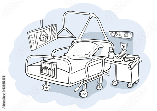 Illustration of an hospital bed in comic scribble style in named layers