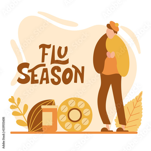 Flat virus persons concept with hand drawn lettering. Catch a cold. Flu flat tiny people concept. Protect from viruses. Pharmacy therapy and tissue help. Vector illustration