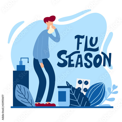 Flat virus persons concept with hand drawn lettering. Catch a cold. Flu flat tiny people concept. Protect from viruses. Pharmacy therapy and tissue help. Vector illustration