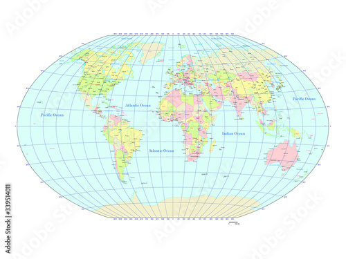 世界地図 ヴィンケル図法 ヨーロッパ中心 - 国ごとにバラバラになります | World Map - Winker cylindrical projection : The Europe center