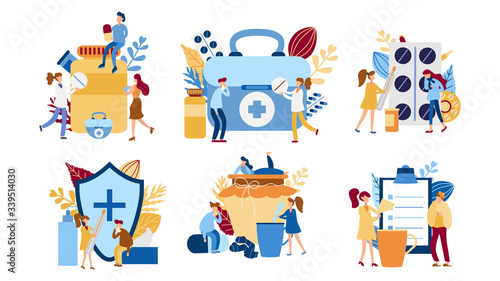 Set of Concepts with sick person. Flu flat tiny people concept. Protect from viruses. Pharmacy therapy and tissue help. Vector illustration