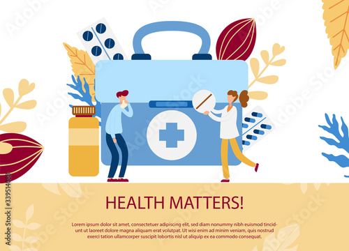 Flat virus persons concept. Catch a cold. Tiny doctors make flu shot. Healthcare banner for website, apps