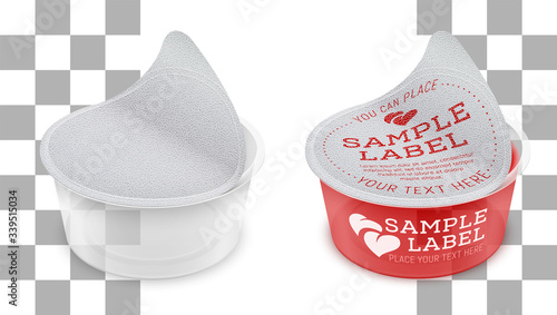 Vector labeled open round transparent plastic container with opened foil seal. Packaging mockup illustration.