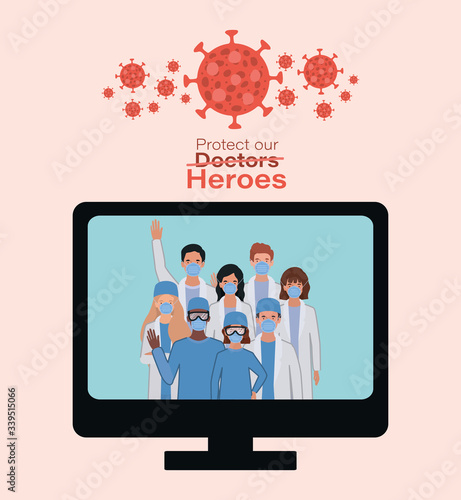 Women and men doctors heroes with uniforms and masks inside computer against 2019 ncov virus vector design