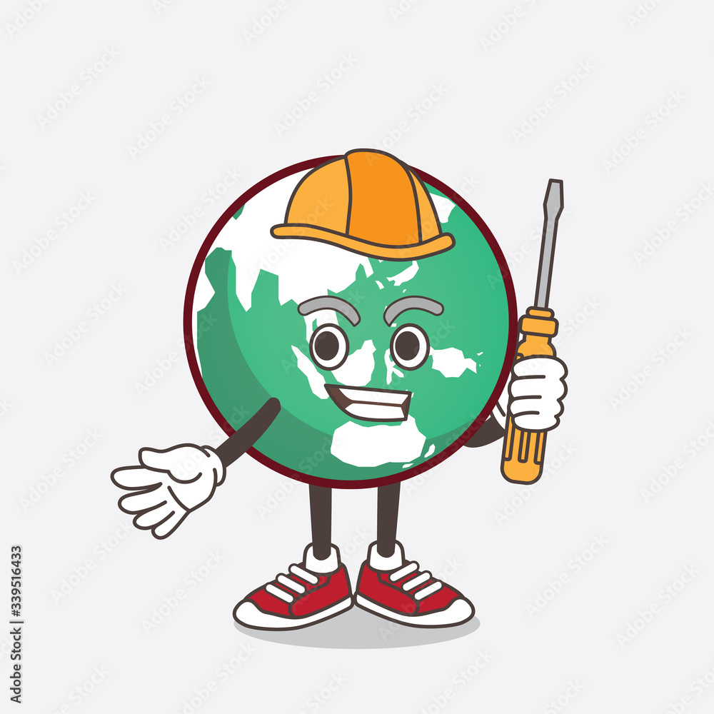 Fototapeta Planet Earth cartoon mascot character as smart technician