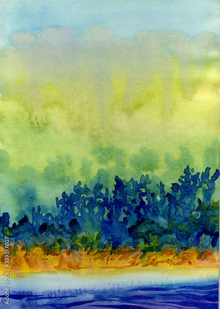 Figure watercolor, bushes on the river, abstract painting.