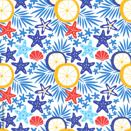 Summer seamless pattern with sea star, shell, sun umbrella and tropical leaves. Starfish background vector illustration