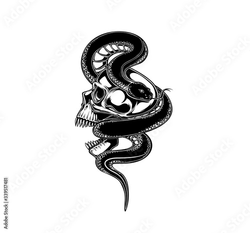 skull and snake vector illustration. tattoo design. inking black work. hand draw. for t-shirt, card, logo, and wallpaper.