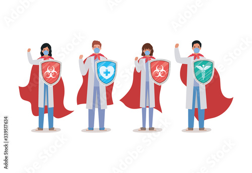 women and men doctors heroes with capes and shields against 2019 ncov virus vector design
