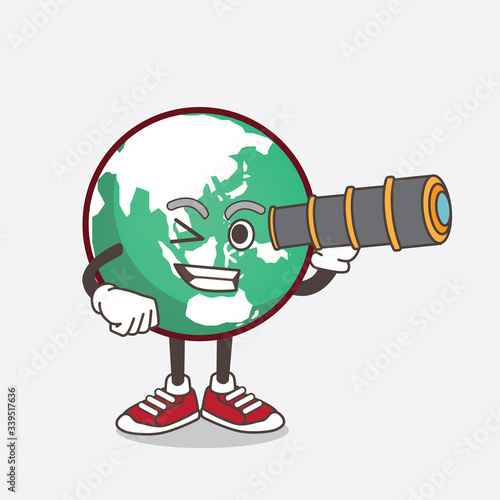 Planet Earth cartoon mascot character using a monocular
