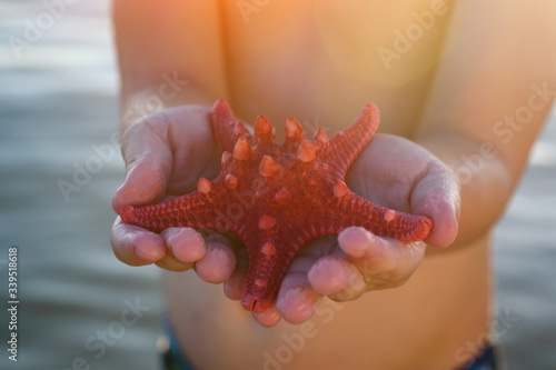 Child holding and showing a starfish in hands. Big red starfish in childrens palms close up