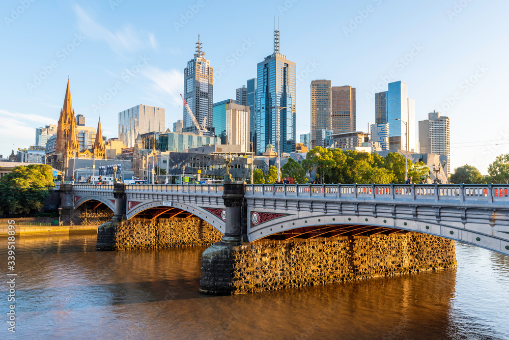 Fototapeta premium Melbourne city skyline at sunrise in Australia.