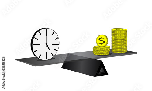 Time is money, business concept, abstract clock and money coins in balance on the scales, vector illustration. 