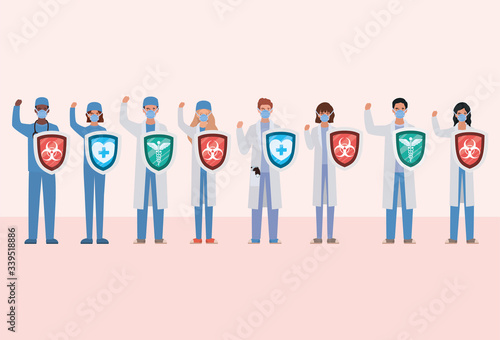men and women doctors heroes with shields against 2019 ncov virus vector design