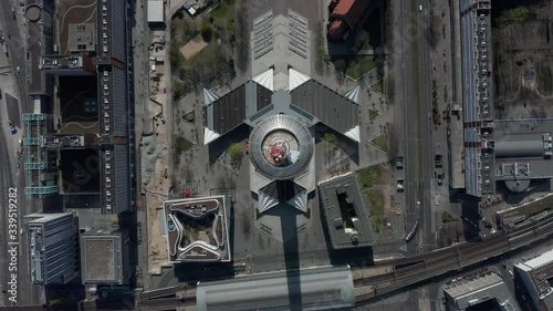 Wallpaper Mural AERIAL: Breathtaking Overhead Aerial Fly Over Alexander Platz TV Tower in Empty Berlin, Germany with almost People or Cars on Beautiful Sunny Day Torontodigital.ca