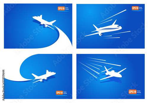 Airplane set flight tickets air fly cloud sky blue travel background takeoff