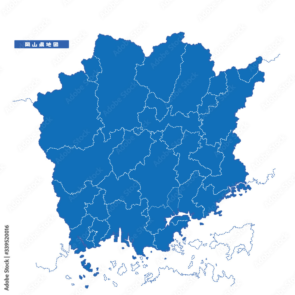 Obraz premium 岡山県地図 シンプル青 市区町村