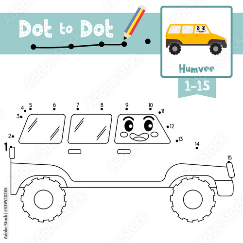 Dot to dot educational game and Coloring book Humvee cartoon character side view vector illustration photo